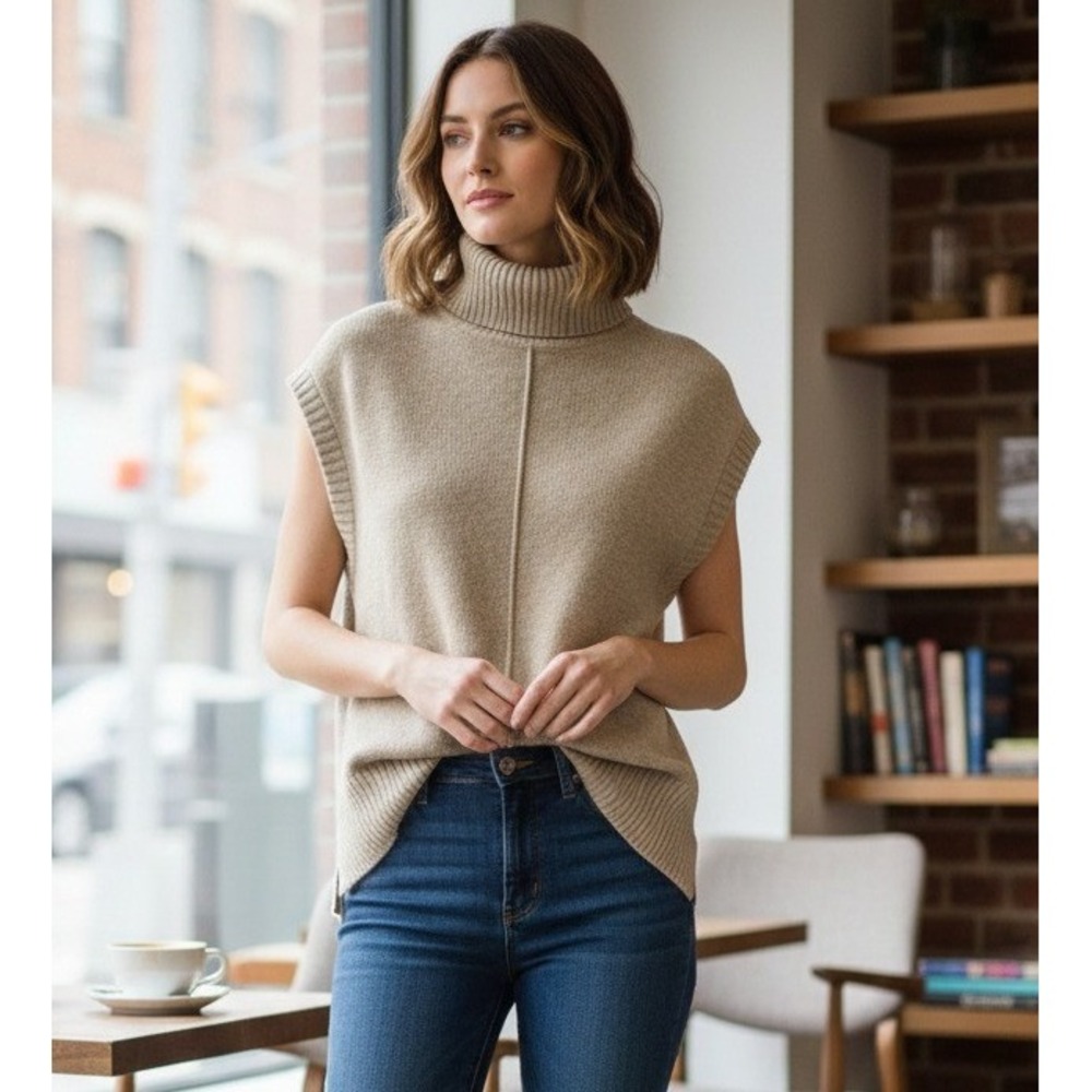 Larry Levine Womens Turtleneck Sweater Vest Size L Beige Cotton Blend Knit Tunic